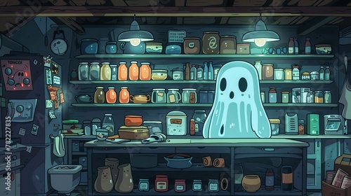 Ghost hunting workshop in a known paranormal hotspot inspiring shopping for unique gadgets, quirky digital illustration in a pantry