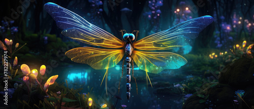 A dragonfly with crystal wings, leading a night-time parade of fireflies to light up the moonless forest.