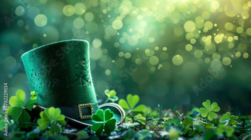 St. Patrick's Day background with a green top hat, shamrocks, and space for text.