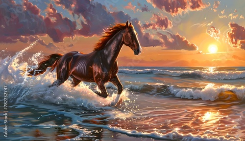 Majestic horse galloping on the beach at sunset. Beautiful natural landscape with wildlife. Perfect for posters and environmental themes. Digital artwork created by AI.
