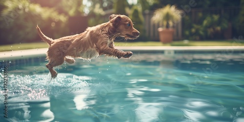 dog jumping into swimming pool on a hot summer day