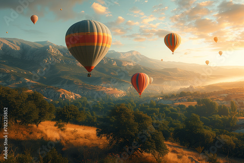 A serene image of a mountain landscape with colorful hot air balloons floating in the sky. Hot air balloons soar above mountains in daytime sky