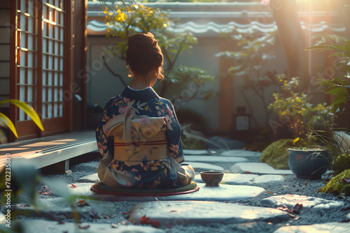 A traditional tea ceremony being performed in a tranquil garden setting. A woman in a kimono enjoys leisure time in a garden setting