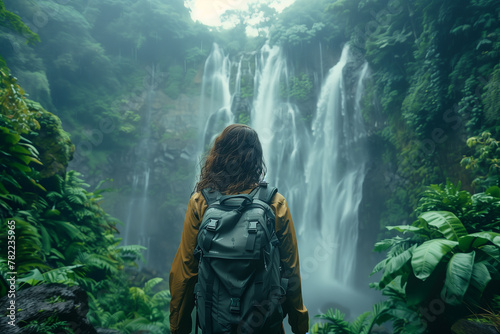 A traveler hiking through lush green forests to discover hidden waterfalls. A woman with a backpack stands by a jungle waterfall
