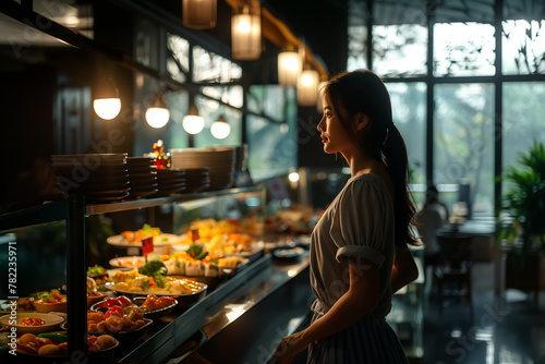 A traveler indulging in a gourmet dining experience featuring local delicacies and regional specialties. A woman is choosing food at a restaurant buffet line