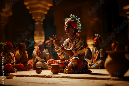 A traveler participating in a traditional dance performance with local performers. A man in a colorful costume sits in front of a group sharing art at an event