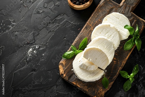 Top view of sliced Dutch goat cheese on wooden board against black background