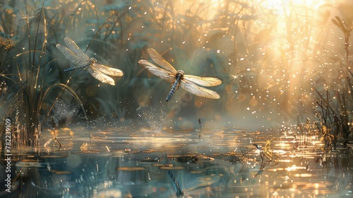 Illuminated by the warm, golden light of the setting sun, two dragonflies hover effortlessly above a calm water surface.