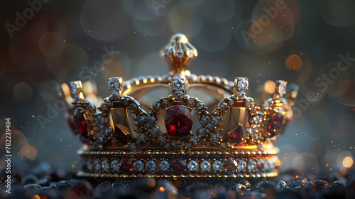 A gold crown with rubies and diamonds sits on a reflective surface. The background is dark