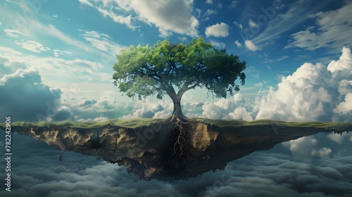 Colossal Tree Reaching Heavens and Tethered to Earth's Core in Surreal Landscape Dreamscape