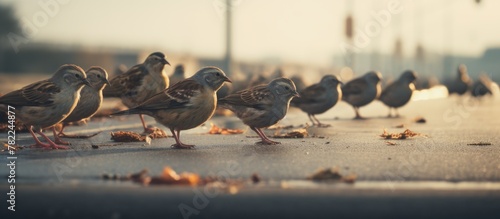 Many birds pecking at food on the ground