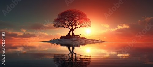 Solitary palm on islet amidst vast sea