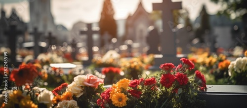 Church and flowers in cemetery