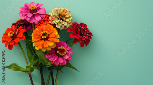 A bouquet of zinnias with bold colors against