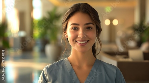 A hospital receptionist greets patients with a reassuring smile