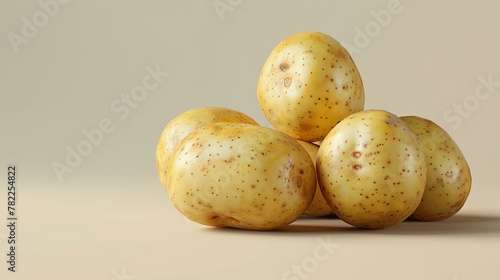 A close-up image of a pile of russet potatoes on a beige background. The potatoes are clean and have a smooth, slightly bumpy texture.