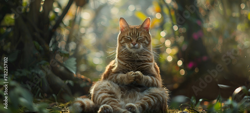 A fabulous fluffy cat sits on a log in a magical forest in the rays of the setting sun.