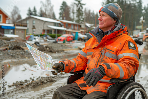 Wheelchair-bound engineer overseeing construction site