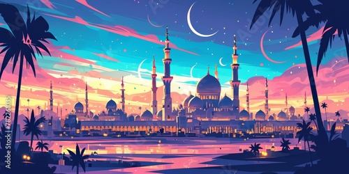 cartoon vector style landscape view of the grand mosque at night