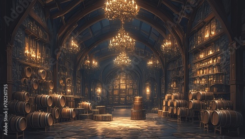 An ancient, dimly lit wine cellar with high ceilings and stone floors, filled with wooden barrels of aged oak in various shapes and sizes. 