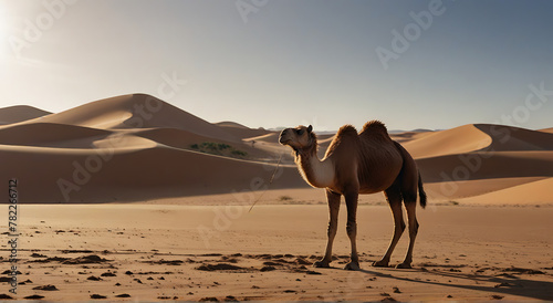 A camel on the sand in the middle of desert dunes, in bright sunlight, wide