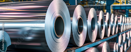 Factory warehouse with rolls of galvanized sheet steel, Large rolls of metal coils , Heavy metals , industry and commercial use ,