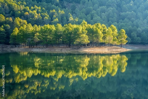 tranquil small forest reflecting in calm waters of yesa reservoir aragon spain serene landscape photography