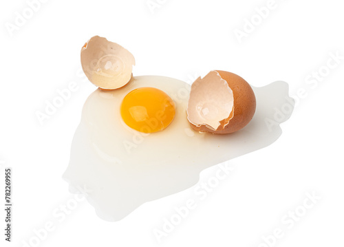 Broken Egg Isolated, Raw Yolk and White, Cracked Brown Shell, Fresh Broken Chicken Eggs on White Background