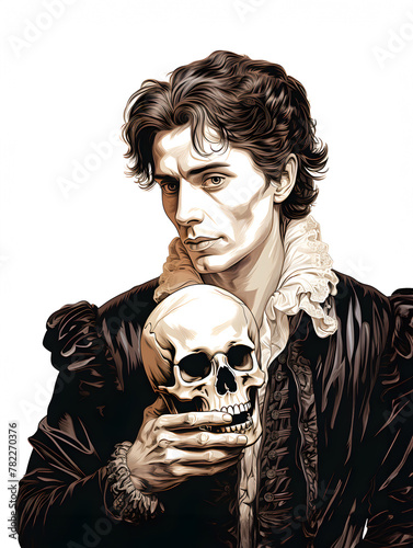 Pensive medieval character with skull in hand: Shakespearean Hamlet illustration for artistic use