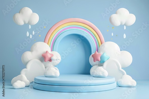 whimsical baby boy themed product display podium with clouds and rainbow 3d illustration