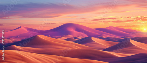 The image features a tranquil desert scene with rolling sand dunes under a clear sky.