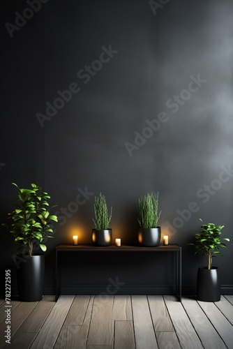 Black wall with plants and candles