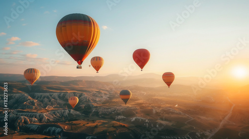 the serene travel of balloons across a clear sky with sunset.