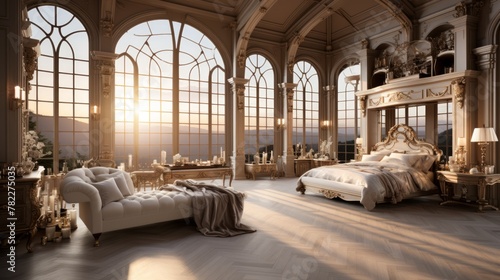 Ornate bedroom with a large bed and a chaise lounge