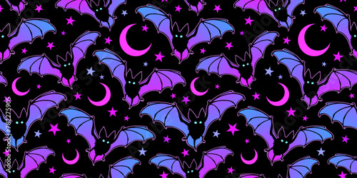 Bright seamless illustration of flying bats on the background of the starry sky