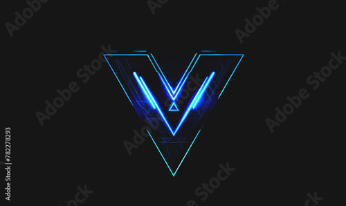 letter V in glowing blue light on black background, v for vendetta concept