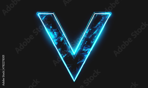 letter V in glowing blue light on black background, v for vendetta concept