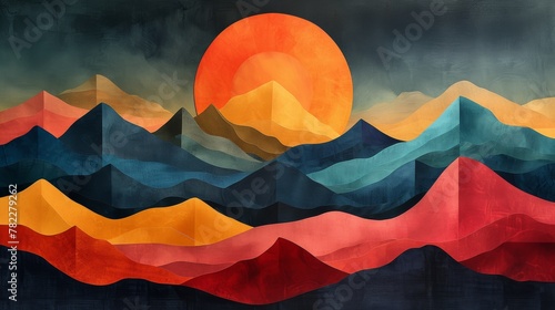Abstract colorful mountains with stylized sun