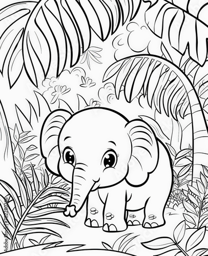 dibujo para colorear en cuento para niños de un elefante en la selva, contrazos gruesos negros y fondo blanco.