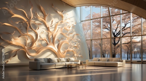 Modern living room interior design with large tree wall sculpture
