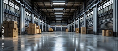 Spacious Storage Facility with Boxes and Shiny Floors. Concept Storage Units, Organized Boxes, Industrial Design, Shiny Floors, Spacious Layout