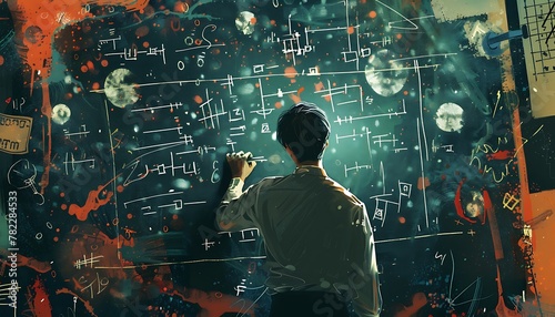 Visual depiction of a mathematician tackling intricate equations on a chalkboard using 2D illustration