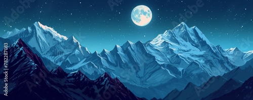 Starry night over snow-capped mountain range with full moon