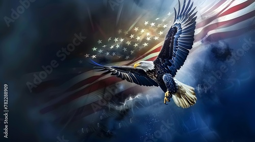 Bald eagle flies against American flag background created with generative AI technology. Memorial day, Independence Day, Veterans Day.
