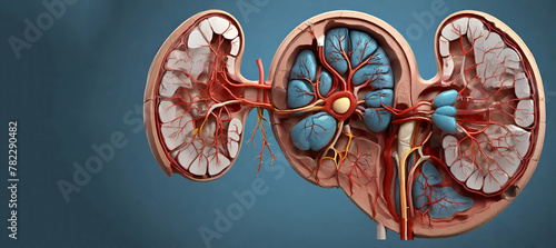 Kidneys, Human kidney anatomy cross section, scientific, two bean shaped organs, 3d, urinary system, renal system or urinary tract, consists ureters, bladder,transplantation, kidneys background genera