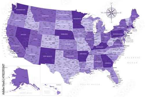 United States - Highly Detailed Vector Map of the USA. Ideally for the Print Posters. Purple Lilac Spot Beige Retro Style