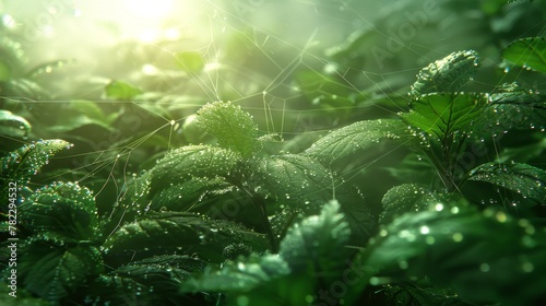 Beautiful close-up of dew drops and sun rays on cobweb-covered leaves in morning light, wide banner, copy space