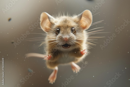 playful mouse leaping in mid-air, surrounded by floating particles, capturing the essence of motion and freedom