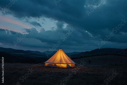 A tent illuminated at twilight