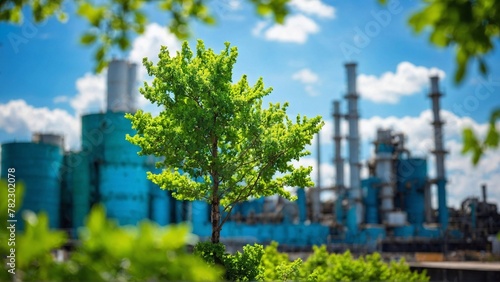green tree amidst power plant facility, reflecting the synergy between green energy innovations and ecological stewardship, sustainable coexistence 